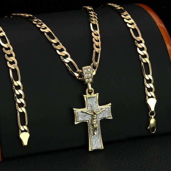 Iced 14k Gold Men's Jesus Cross Pendant + Chain - Picture 2 of 3